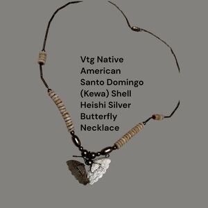 Vtg Native American Santo Domingo  Shell Heishi Silver Butterfly Necklace handma